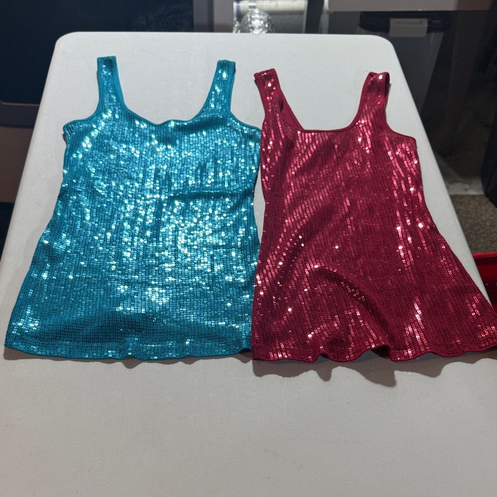 Express Sequin Tank Tops in Blue and Red